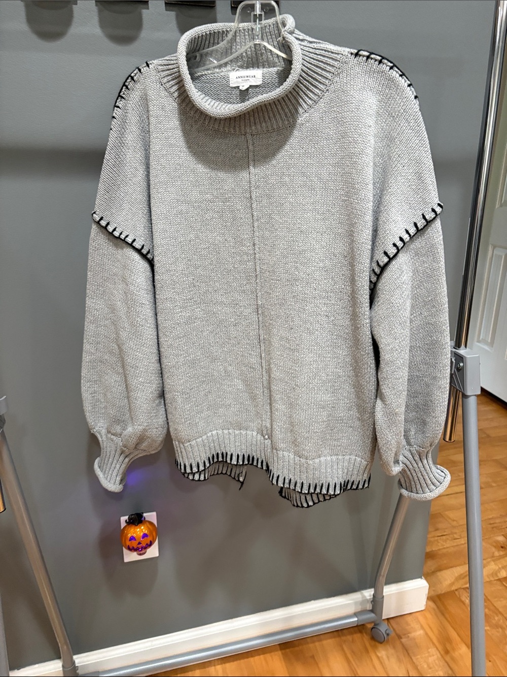 Sandro Light Gray Turtleneck Sweater with Black Stitch Trim